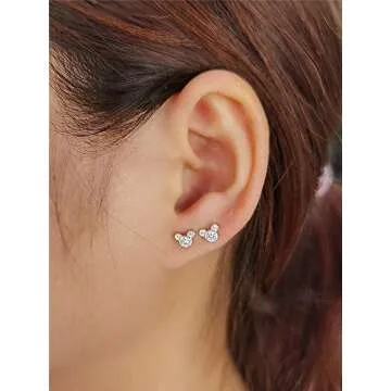 Tiny Cute Mouse Stud Sterling Silver Earrings for Women Girls Cubic Zirconia Mini Small 20g Barbell Ball Studs Cartilage Tragus 4 mm Bead Screw Back Piercing Body Jewelry (Silver)