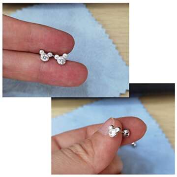Tiny Cute Mouse Stud Sterling Silver Earrings for Women Girls Cubic Zirconia Mini Small 20g Barbell Ball Studs Cartilage Tragus 4 mm Bead Screw Back Piercing Body Jewelry (Silver)