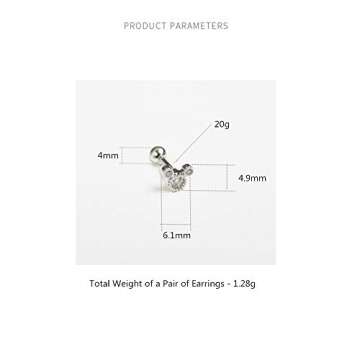 Tiny Cute Mouse Stud Sterling Silver Earrings for Women Girls Cubic Zirconia Mini Small 20g Barbell Ball Studs Cartilage Tragus 4 mm Bead Screw Back Piercing Body Jewelry (Silver)