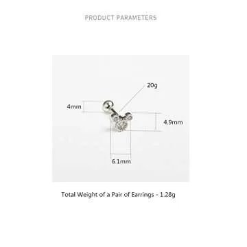 Tiny Cute Mouse Stud Sterling Silver Earrings for Women Girls Cubic Zirconia Mini Small 20g Barbell Ball Studs Cartilage Tragus 4 mm Bead Screw Back Piercing Body Jewelry (Silver)