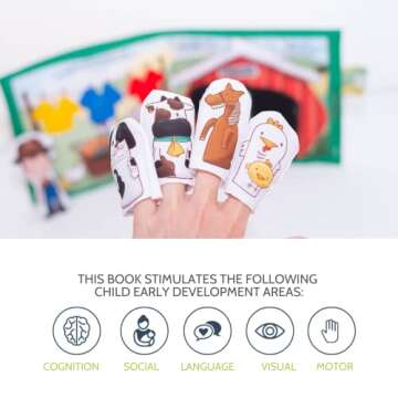 Bilingual Quiet Book for Toddlers | Written in English and Spanish | 5 Finger Puppets and 1 Plush Toy Included | Montessori Inspired for Toddlers | Carry on Travel Toy | Libros en Español para Niños.