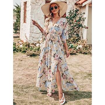 ANRABESS Women’s Summer Loose Boho Flowy Wrap V Neck 3/4 Sleeve Floral Print Slit Beach Wedding Gu...