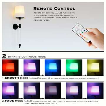 HEQIQEH 2 Pack Modern Battery Operated Wall Sconce Wall Light with Torche White Linen Fabric Shade, 13RGB Wall Mounted Lamp Dimmable with Remote Control for Bedside, Bedroom, Hallway (Black)