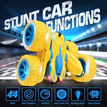 NUOKE Remote Control Car, Yellow RC Cars for Boys, Rechargeable RC Truck, 2.4Ghz Double Sided 360° Rotating Stunt Car Toy with Headlights, Birthday Gift for Kids Age 3+
