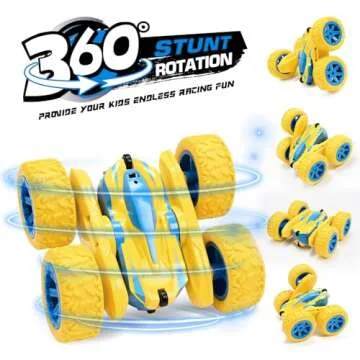 NUOKE Remote Control Car, Yellow RC Cars for Boys, Rechargeable RC Truck, 2.4Ghz Double Sided 360° Rotating Stunt Car Toy with Headlights, Birthday Gift for Kids Age 3+