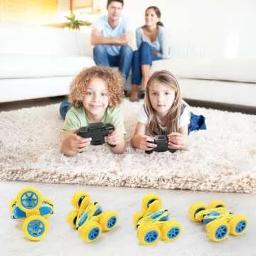 NUOKE Remote Control Car, Yellow RC Cars for Boys, Rechargeable RC Truck, 2.4Ghz Double Sided 360° Rotating Stunt Car Toy with Headlights, Birthday Gift for Kids Age 3+