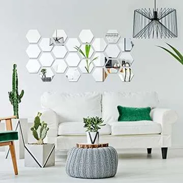 Shappy 32 Pcs Hexagon Mirror Wall Stickers Removable Silver Acrylic Mirror Stickers Honeycomb Decals for DIY Home Art Bedroom Living Room Wall Decoration(15 x 13.3 x 7.5 cm)