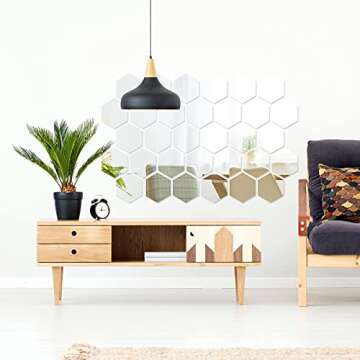 Shappy 32 Pcs Hexagon Mirror Wall Stickers Removable Silver Acrylic Mirror Stickers Honeycomb Decals for DIY Home Art Bedroom Living Room Wall Decoration(15 x 13.3 x 7.5 cm)