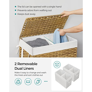 SONGMICS Laundry Hamper with Lid, 110L Clothes Hamper with 2 Removable Liner Bags, 6 Mesh Bags, Wicker Laundry Basket, Double Laundry Hamper for Bathroom, 13 x 22.4 x 23.6 Inches, Natural ULCB52NL