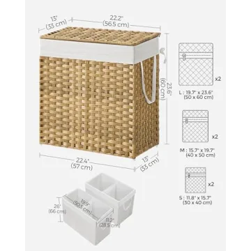 SONGMICS Laundry Hamper with Lid, 110L Clothes Hamper with 2 Removable Liner Bags, 6 Mesh Bags, Wicker Laundry Basket, Double Laundry Hamper for Bathroom, 13 x 22.4 x 23.6 Inches, Natural ULCB52NL