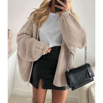 PRETTYGARDEN Womens Oversized Cardigan Sweaters 2025 Fall Long Lantern Sleeve Knit Open Front Lightweight Sweater (Grey Beige,Large)