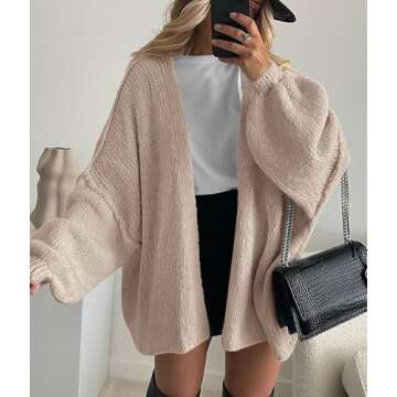 PRETTYGARDEN Womens Oversized Cardigan Sweaters 2025 Fall Long Lantern Sleeve Knit Open Front Lightweight Sweater (Grey Beige,Large)