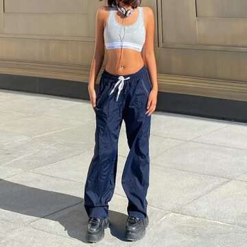 UAURORAO Women Streetwear Sweatpants Elastic Waist Loose Wide Leg Joggers Y2k Star Print Baggy Cargo Pants Punk Harajuku 90s(Drawstrings Navy Blue,S)