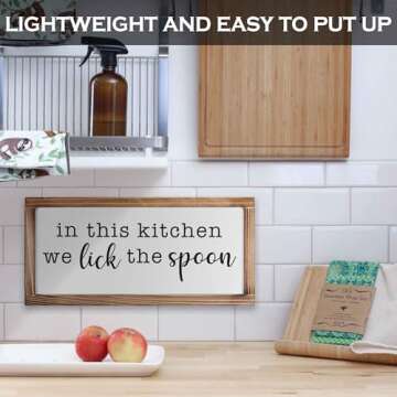 In This Kitchen We Lick The Spoon Sign 8x17 Inch, Farmhouse Kitchen Decor for Wall, Vintage Funny Kitchen Decor Signs, Rustic Kitchen Decor Wall Signs, Rustic Kitchen Signs with Solid Wood Frame
