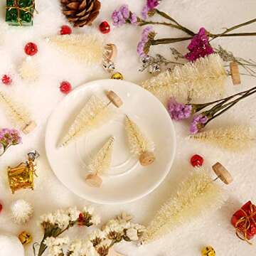 SATINIOR 60 Pieces Artificial Mini Christmas Tree Sisal Snow Trees Bottle Brush Christmas Trees Pine Trees Ornaments with Wooden Base for Christmas Party Home Decoration (4 Sizes, White)