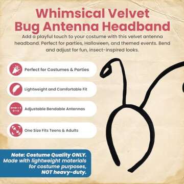 Nicky Bigs Novelties Black Velvet Bug Antenna Headband - Ladybug Accessories Insect Costume - Bee, Ant, Beatle, Caterpiller, Butterfly Hair Band Halloween Accessories - Unisex Adult One Size