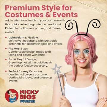 Nicky Bigs Novelties Black Velvet Bug Antenna Headband - Ladybug Accessories Insect Costume - Bee, Ant, Beatle, Caterpiller, Butterfly Hair Band Halloween Accessories - Unisex Adult One Size