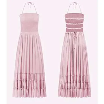 Boho Backless Long Dress | R.Vivimos Women’s Summer Style | Light Pink