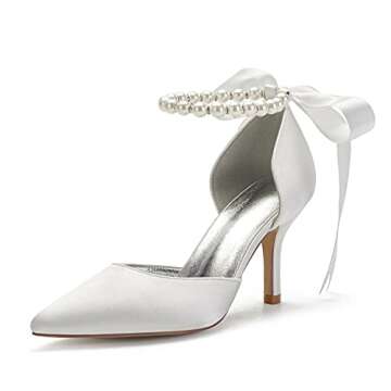 Women's Pearl Ivory Wedding Shoes for Bride High Heels Pointed Toe Bridal Shoes Satin Prom Party Dre...