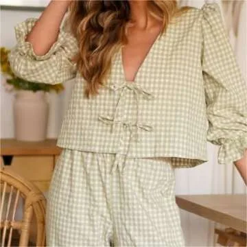 KOSUSANILL Y2k Pajamas Set Women 2 Piece Tie Front Plaid Gingham Short Sleeve Blouse Top Shorts Preppy Sleep Lounge Pj Outfit Yellow