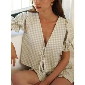KOSUSANILL Y2k Pajamas Set Women 2 Piece Tie Front Plaid Gingham Short Sleeve Blouse Top Shorts Preppy Sleep Lounge Pj Outfit Yellow