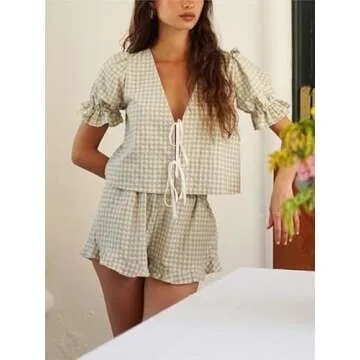 KOSUSANILL Y2k Pajamas Set Women 2 Piece Tie Front Plaid Gingham Short Sleeve Blouse Top Shorts Preppy Sleep Lounge Pj Outfit Yellow