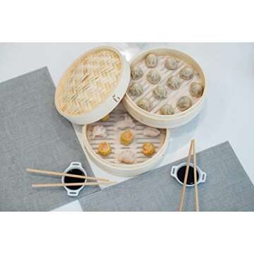 Bam Bamboo BamBamBoo 10 inch Bamboo Steamer Set. Soup Dumpling Kit. DIY Maker. Make Your Own Dumplings and Dim Sum. Unique Gifts. Perfect Gifts for Foodies, Cooking Men & Women
