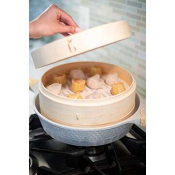 Bam Bamboo BamBamBoo 10 inch Bamboo Steamer Set. Soup Dumpling Kit. DIY Maker. Make Your Own Dumplings and Dim Sum. Unique Gifts. Perfect Gifts for Foodies, Cooking Men & Women