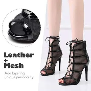 YKXLM Latin Dance Boots Salsa Bachata Performance Women Ballroom Lace-up Ankle Open Toe Dance Shoes,...