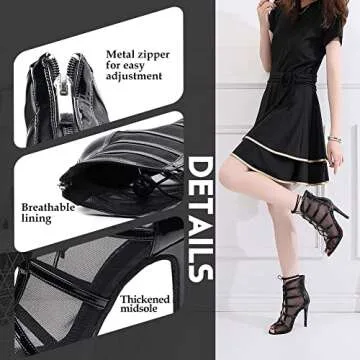 YKXLM Latin Dance Boots Salsa Bachata Performance Women Ballroom Lace-up Ankle Open Toe Dance Shoes,3.33''Heel,Black,7 US