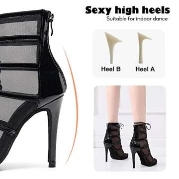 YKXLM Latin Dance Boots Salsa Bachata Performance Women Ballroom Lace-up Ankle Open Toe Dance Shoes,3.33''Heel,Black,7 US