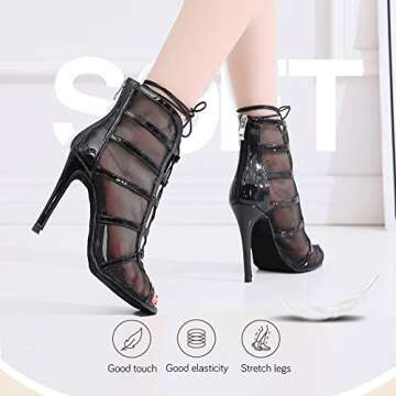 YKXLM Latin Dance Boots Salsa Bachata Performance Women Ballroom Lace-up Ankle Open Toe Dance Shoes,3.33''Heel,Black,7 US