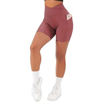 SUUKSESS Women Cross Waist Workout Shorts with Pockets Ribbed High Waisted Booty Biker Shorts (#1 Deep Pink, S)