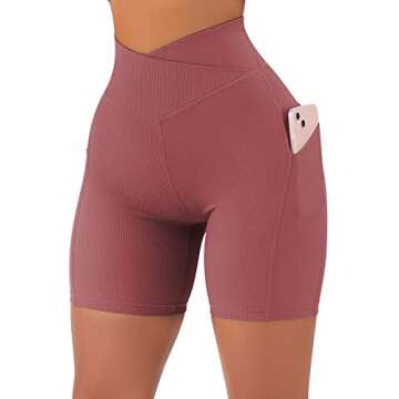 SUUKSESS Women Cross Waist Workout Shorts with Pockets Ribbed High Waisted Booty Biker Shorts (#1 Deep Pink, S)