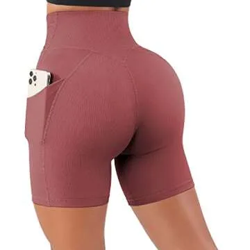 SUUKSESS Women Cross Waist Workout Shorts with Pockets Ribbed High Waisted Booty Biker Shorts (#1 Deep Pink, S)