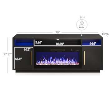 BELLEZE 70" Fireplace TV Stand for TVs Up to 80", LED Light Entertainment Center with 36" Electric Fireplace Heater, Storage Cabinet, Media Console Table for Living Room - Avenue (Black)