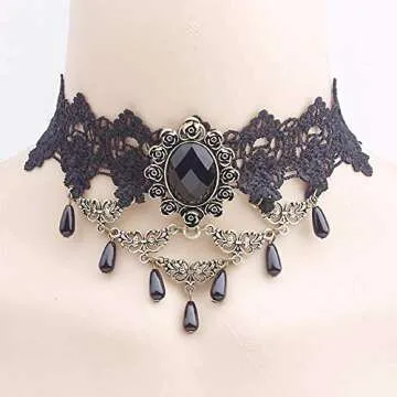 Dumcondy Halloween Elegant Sexy Women Lady Retro Gothic Punk Style Necklace Black Lace Neck Chain Collar Statement Choker Victorian Steampunk Jewelry Party Wedding Princess,5 Pieces/Set