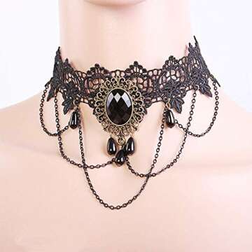 Dumcondy Halloween Elegant Sexy Women Lady Retro Gothic Punk Style Necklace Black Lace Neck Chain Collar Statement Choker Victorian Steampunk Jewelry Party Wedding Princess,5 Pieces/Set