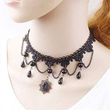 Dumcondy Halloween Elegant Sexy Women Lady Retro Gothic Punk Style Necklace Black Lace Neck Chain Collar Statement Choker Victorian Steampunk Jewelry Party Wedding Princess,5 Pieces/Set