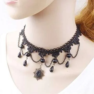 Dumcondy Halloween Elegant Sexy Women Lady Retro Gothic Punk Style Necklace Black Lace Neck Chain Collar Statement Choker Victorian Steampunk Jewelry Party Wedding Princess,5 Pieces/Set