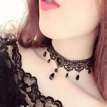 Dumcondy Halloween Elegant Sexy Women Lady Retro Gothic Punk Style Necklace Black Lace Neck Chain Collar Statement Choker Victorian Steampunk Jewelry Party Wedding Princess,5 Pieces/Set