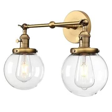 Pathson Vintage 2 Light Wall Sconce with Globe Clear Glass Shade, Brass Antique Industrial Vanity Li...