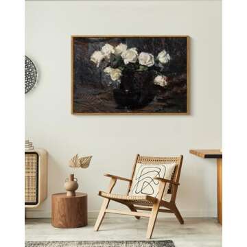 VIYYIEA Framed Canvas Wall Art Home Decor Vintage Botanical Print White Roses in Vase Rustic Farmhou...