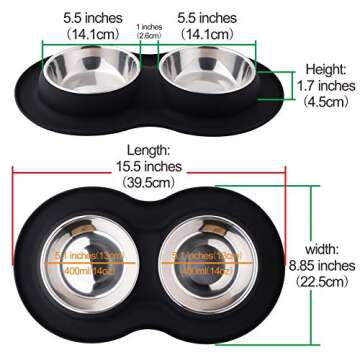 Roysili Double Dog Bowl Pet Feeding Station, Stainless Steel Water and Food Bowls with Non Skid Non Spill Silicone Mat, Premium Quality Dog Bowl Holder for Small Medium Dogs Cats Puppy (Small, Black)