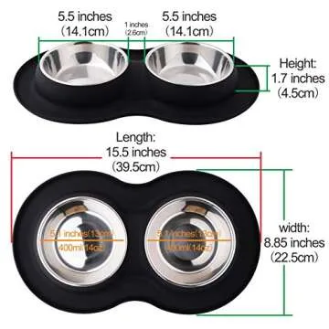 Roysili Double Dog Bowl Pet Feeding Station, Stainless Steel Water and Food Bowls with Non Skid Non Spill Silicone Mat, Premium Quality Dog Bowl Holder for Small Medium Dogs Cats Puppy (Small, Black)