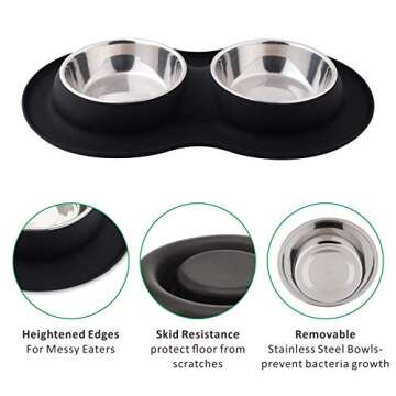 Roysili Double Dog Bowl Pet Feeding Station, Stainless Steel Water and Food Bowls with Non Skid Non Spill Silicone Mat, Premium Quality Dog Bowl Holder for Small Medium Dogs Cats Puppy (Small, Black)