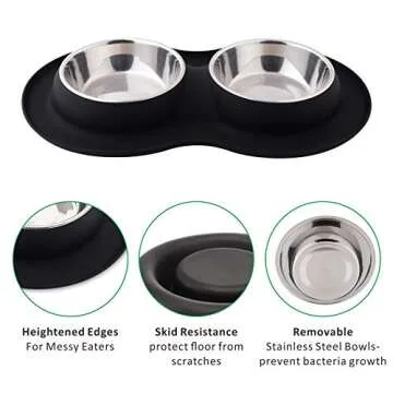 Roysili Double Dog Bowl Pet Feeding Station, Stainless Steel Water and Food Bowls with Non Skid Non Spill Silicone Mat, Premium Quality Dog Bowl Holder for Small Medium Dogs Cats Puppy (Small, Black)