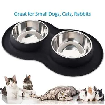Roysili Double Dog Bowl Pet Feeding Station, Stainless Steel Water and Food Bowls with Non Skid Non Spill Silicone Mat, Premium Quality Dog Bowl Holder for Small Medium Dogs Cats Puppy (Small, Black)