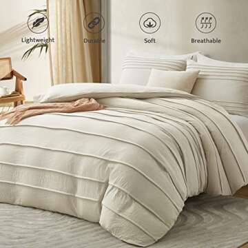 Oli Anderson Beige Duvet Cover Queen Size - Pleated Queen Duvet Cover, 3PCS Soft and Breathable Text...