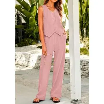 KIRUNDO Womens Suits 2 Piece Set Summer Linen Crop Blazer Vest and Pants Sets Dressy Casual Matching Clothes Going Out Outfits (Pink, Medium)